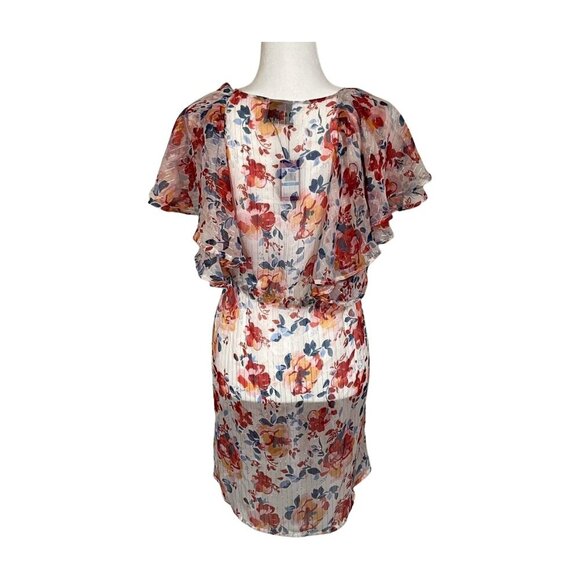 VINCE CAMUTO Women Floral Ruffle Sleeves Sheer Swim Cover Blush Neutral One Size - Picture 2 of 7